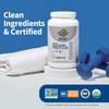 SPORT protein tub with towel and dumbbells, clean ingredients and certified graphic