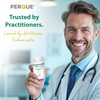 Smiling doctor holding a Perque bottle, trusted by practitioners graphic