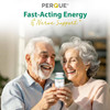 Smiling older couple holding a Perque bottle, fast-acting energy graphic