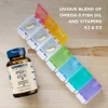 Bottle beside a pill organizer, unique blend of omega-3 fish oil and vitamins K2 and D3