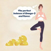Woman in a yoga pose beside gummies, perfect balance of omega-3 and flavor