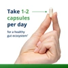 Hand holding a white capsule, take 1-2 capsules per day for gut ecosystem