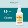 Kids spray with 1% for the Planet and Climate Neutral logos, we give back graphic