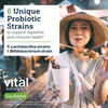 Woman eating street food, 6 unique probiotic strains graphic
