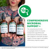 Hands holding NutraMedix bottles, comprehensive microbial support graphic