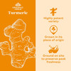 Turmeric root graphic, potent variety grown and ground on site for freshness