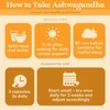 How to take Ashwagandha tips graphic: 2 capsules, 2x daily with food and water