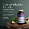 Fermented Iron Complex bottle on wood with ginger, non-constipating once-daily formula graphic