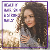 Woman with curly hair, healthy hair skin and strong nails lifestyle graphic