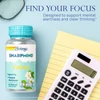 SharpMind Focus bottle on desk with notepad, find your focus graphic