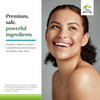 Smiling woman with bare shoulders, premium, safe, powerful ingredients graphic