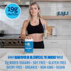 Woman in a kitchen with a shake and the tub, 19 g protein, 0 g added sugars, soy, gluten and dairy free