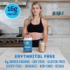 Woman in a kitchen with Warrior Blend tub, 16 g protein erythritol free graphic