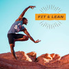 Athlete leaping in desert, Sunwarrior Fit and Lean graphic