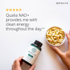 Hands holding the bottle and a bowl of capsules, five-star review graphic