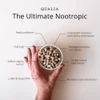 Hand holding a bowl of capsules with labeled ingredients around it