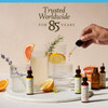 Bach bottles with citrus drinks and a dropper, trusted worldwide for 85 years graphic