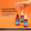 Hand pressing a Sovereign Silver spray bottle beside dropper bottles, 25 years graphic