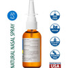 Natural nasal spray bottle back label with GMO-free, vegan, gluten-free and allergen-free icons