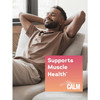 Man relaxing hands behind head, CALM Muscles supports muscle health graphic