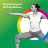 Woman in yoga pose, Organic Daily Probiotic targeted daily balance graphic