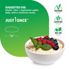 Bowl of oatmeal with berries, suggested use 1 caplet daily with vegetarian and gluten free icons
