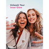 Two women laughing and hugging, Unleash Your Inner Glow graphic