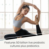 Woman in a yoga stretch, 50 billion live probiotic cultures plus prebiotics graphic