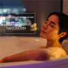 Woman relaxing in a bath with feelings of calm and sleep support text