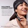 Smiling woman in a sleep cap holding Revision Radiance+, overnight serum graphic