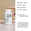 Hand holding the bottle beside focus area icons