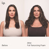 Before and after Full Texturizing Foam on long dark curly hair