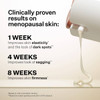 Hand applying Peptight serum, menopausal skin timeline results graphic