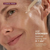 Woman applying serum with a dropper, age stronger clinical proof graphic