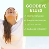 Woman laughing in sunlight, Hello Joy goodbye blues benefits graphic