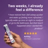 Hand holding a stick pack, verified customer review quote graphic