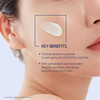 Face with sunscreen dab, UVA UVB antioxidants ceramides benefits graphic