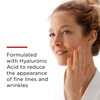 Woman touching her cheek with formulated with hyaluronic acid text