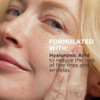 Close-up of woman's face with formulated with hyaluronic acid callout