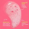 Foam swatch with callouts on salicylic acid, orange peel extract and botanicals