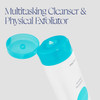 Open cleanser tube caps, multitasking cleanser and physical exfoliator text