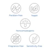 Free-from icons: paraben-free, vegan, noncomedogenic, fragrance-free, sensitivity-free