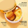 Open jar of gold hydra-gel eye patches with 24K gold, caffeine, collagen callouts