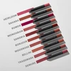 Row of lip crayons labeled by shade name