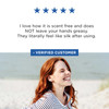 Smiling woman on a beach with a five-star customer review