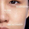 Close-up of a woman's face, oil free, gently wipes away dirt, oil and makeup text