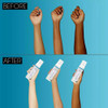 Before and after arms, tan removed, holding Tan Remover Mousse bottles