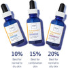 Obagi Professional-C Serum shown in 10%, 15% and 20% strengths with skin type guide