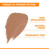 Darker honey cream-to-powder swatch, easy application, natural finish, fragrance-free