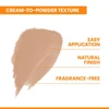 Light beige cream-to-powder swatch, easy application, natural finish, fragrance-free